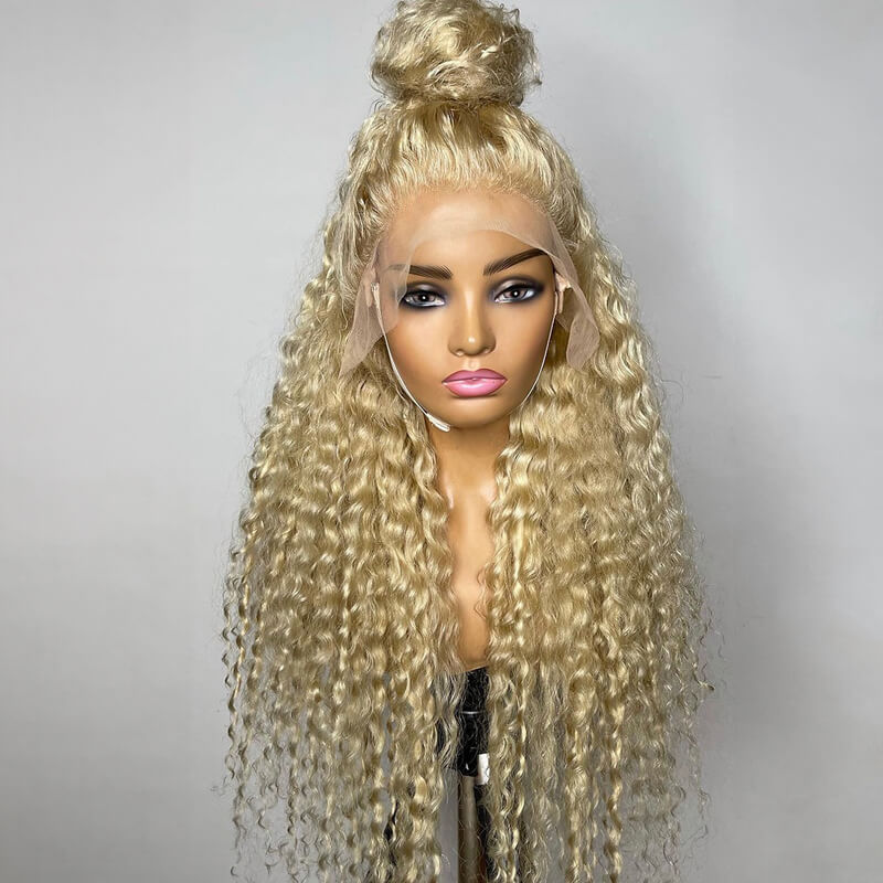 Luve 613 Platinum Beige Blonde Glueless Lace Front Wig  Water Wave 100% Human Hair
