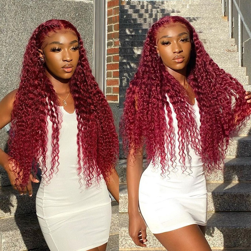 Luve Burgundy 99J Deep Curly 13X4 Lace Front Wig 180% Density Glueless Wig