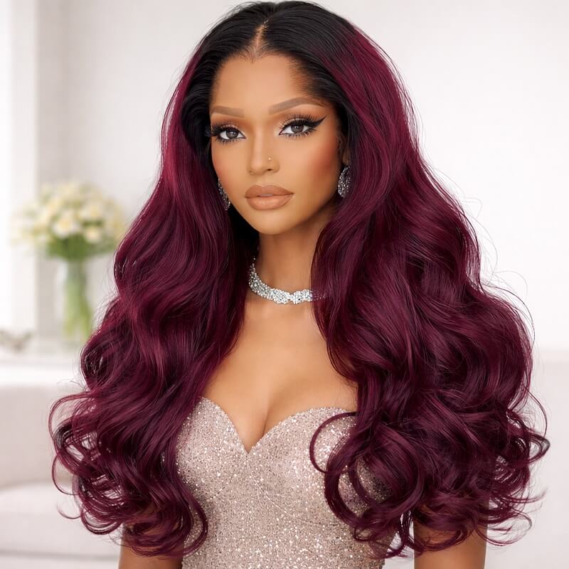 99J Body Wave Wig with Dark Roots M Hairline 13x4 HD Lace Front Human Hair Wig