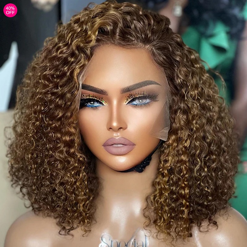 Luve Highlight Brown Wave Curly Bob Human Hair Lace Frontal Wig
