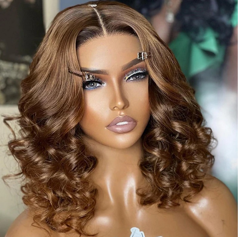 Luve Highlight Brown Wave Curly Bob Human Hair Lace Frontal Wig