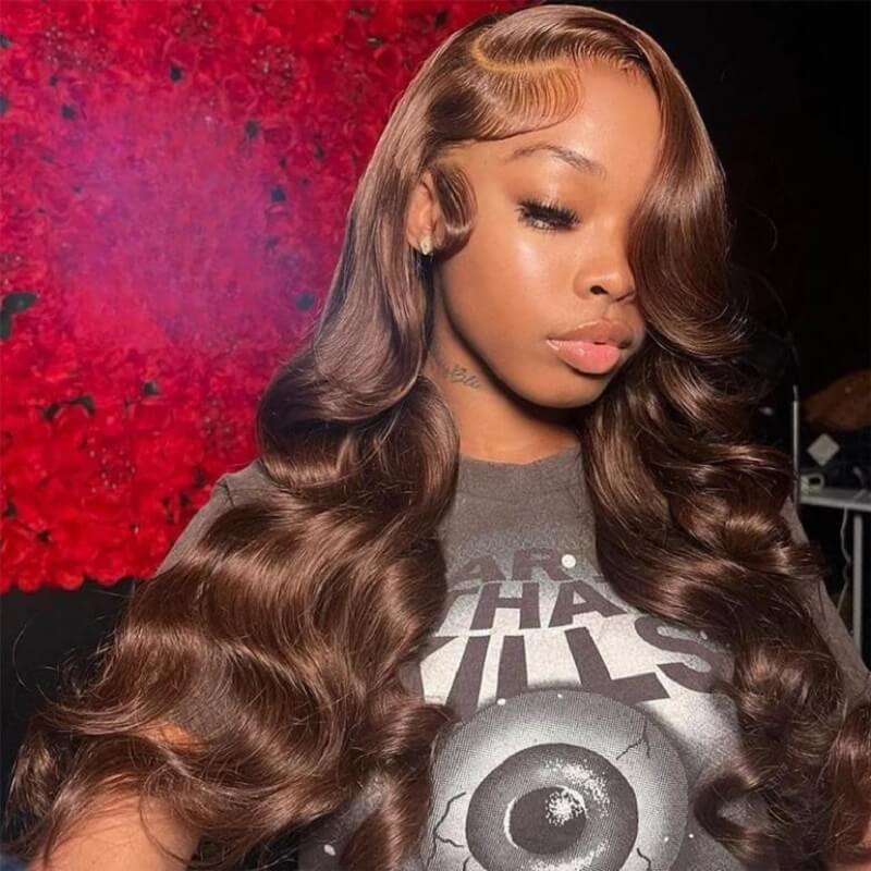 Luve Stylish Layered Bangs Chestnut Brown Loose Wave 5×5 Closure Lace Wig With Bangs