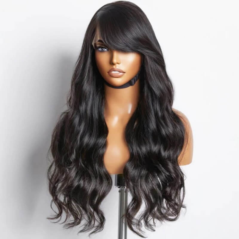 Graceful Natural Black Body Wave With Bangs 13X4 Frontal Lace Wig 100% Human Hair