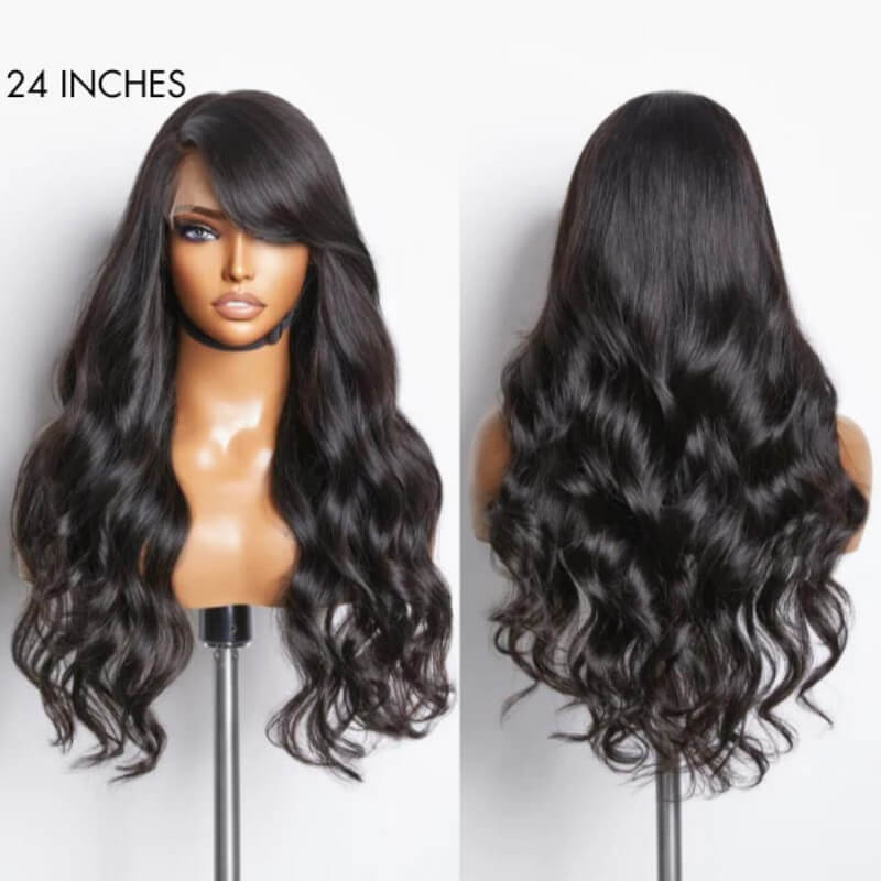 Graceful Natural Black Body Wave With Bangs 13X4 Frontal Lace Wig 100% Human Hair