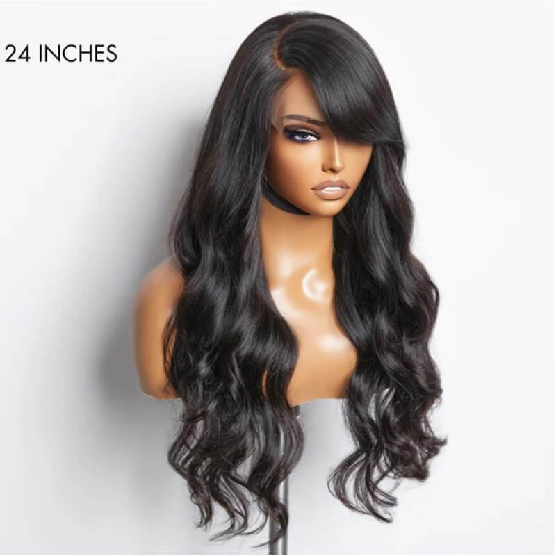 Graceful Natural Black Body Wave With Bangs 13X4 Frontal Lace Wig 100% Human Hair