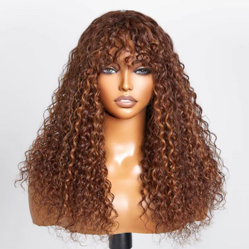 Luve Highlight Brown Curly Lace Frontal Glueless Long Wig With Bangs 