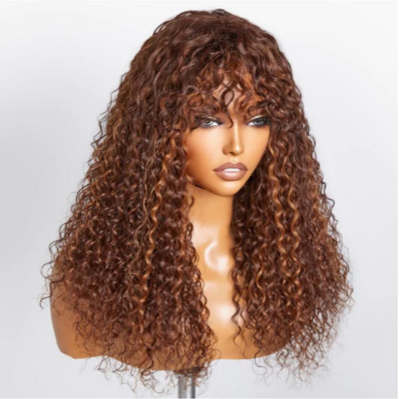 Luve Highlight Brown Curly Lace Frontal Glueless Long Wig With Bangs 