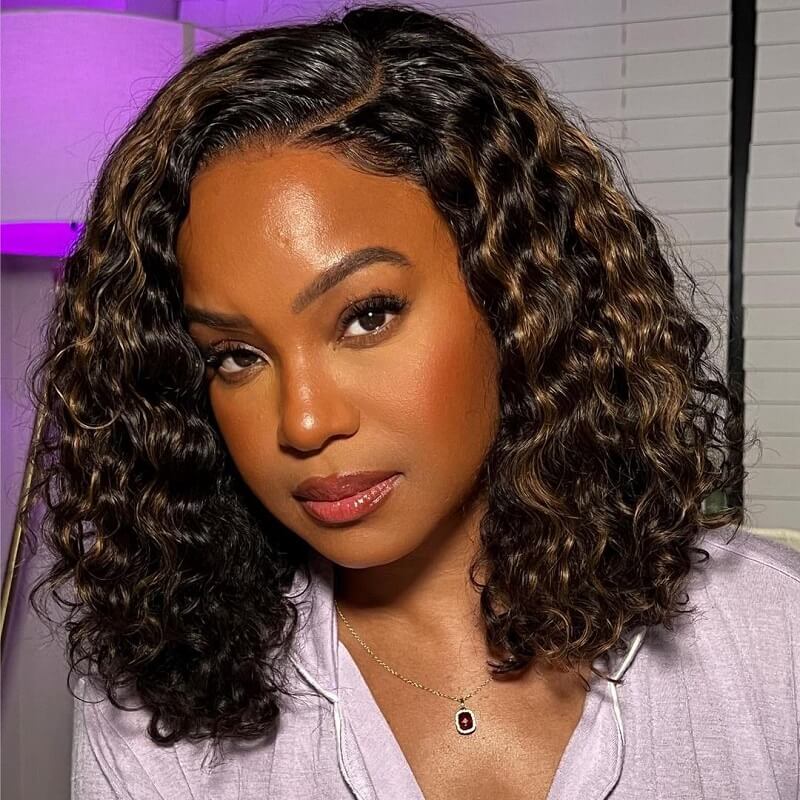 Luve Blonde Highlights Curly Minimalist 4X4 Closure HD Lace Short Bob Wig