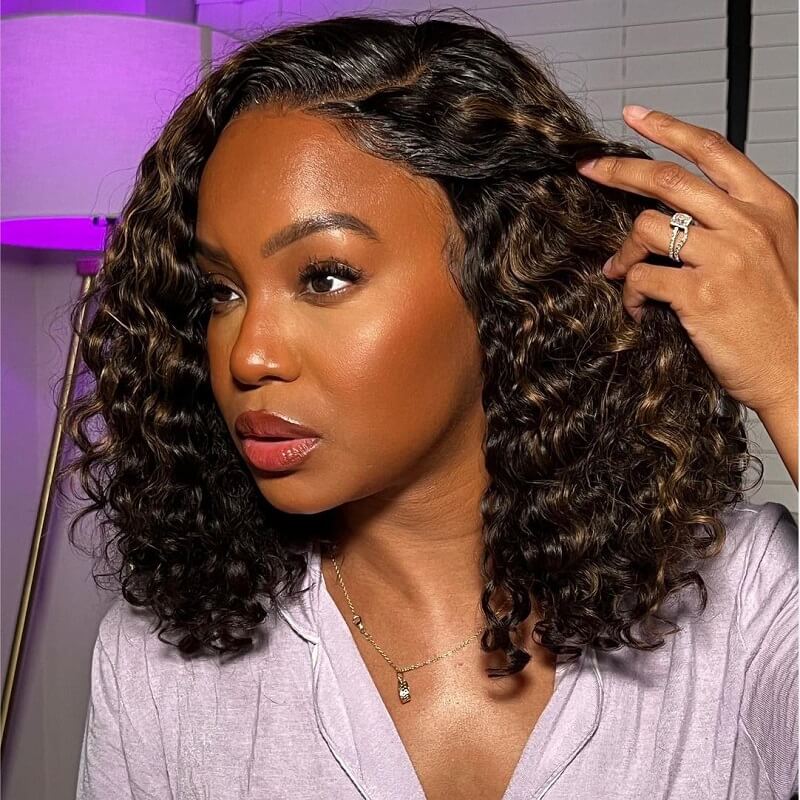Luve Blonde Highlights Curly Minimalist 4X4 Closure HD Lace Short Bob Wig