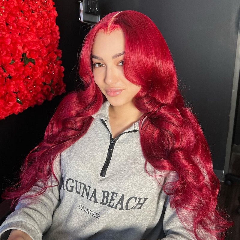 Limited Design Cherry Red Body Wave 13X4 Lace Front Wig 180% Density Prom Wig