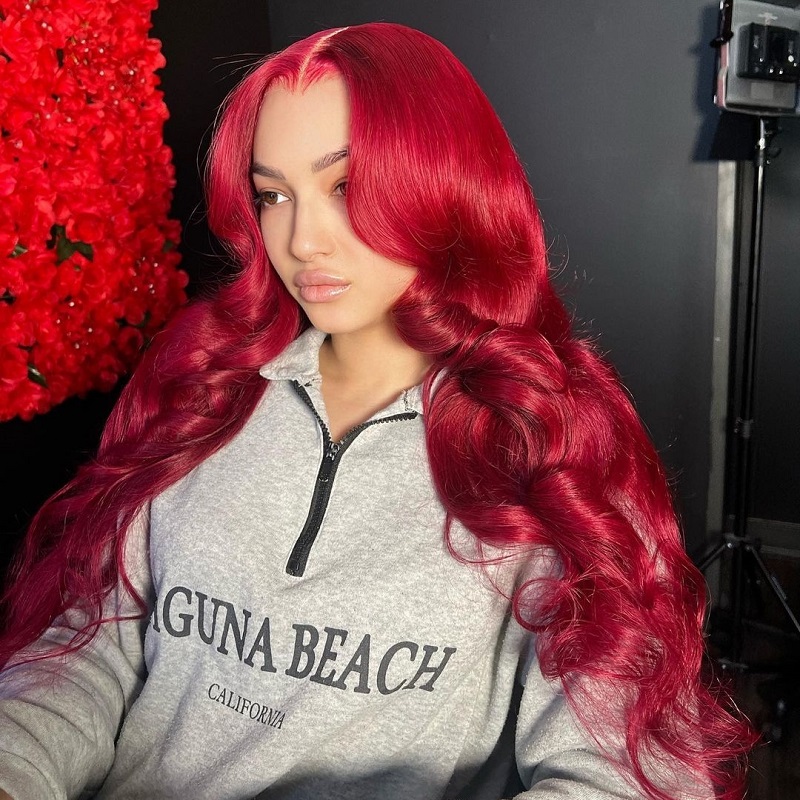 Limited Design Cherry Red Body Wave 13X4 Lace Front Wig 180% Density Prom Wig