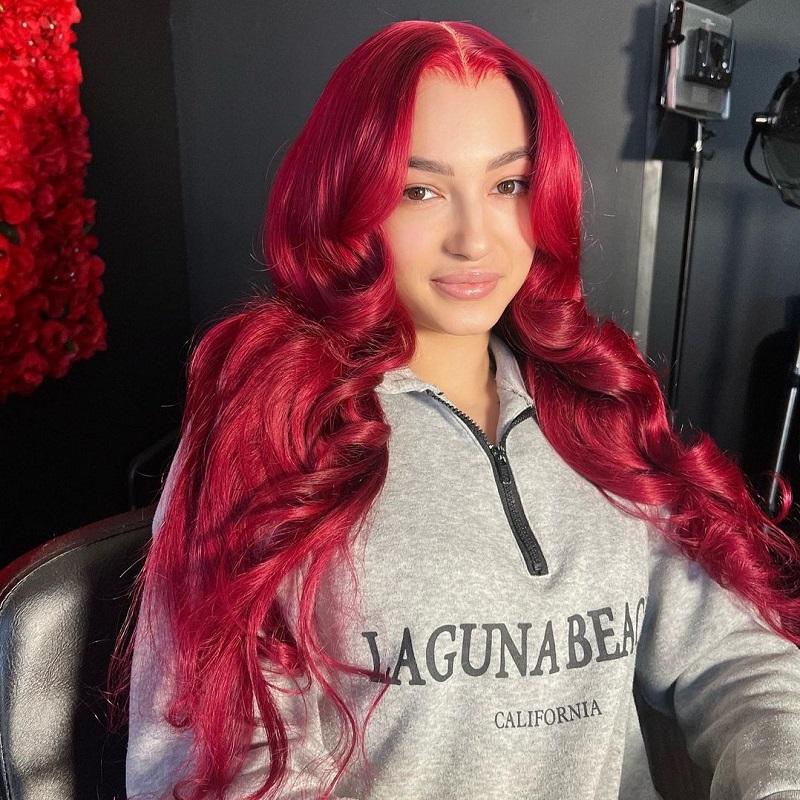 Limited Design Cherry Red Body Wave 13X4 Lace Front Wig 180% Density Prom Wig