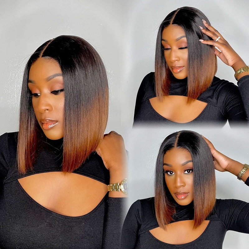 Luve Short Bob Wig Ombre Brown HD Lace Front Human Hair Wigs