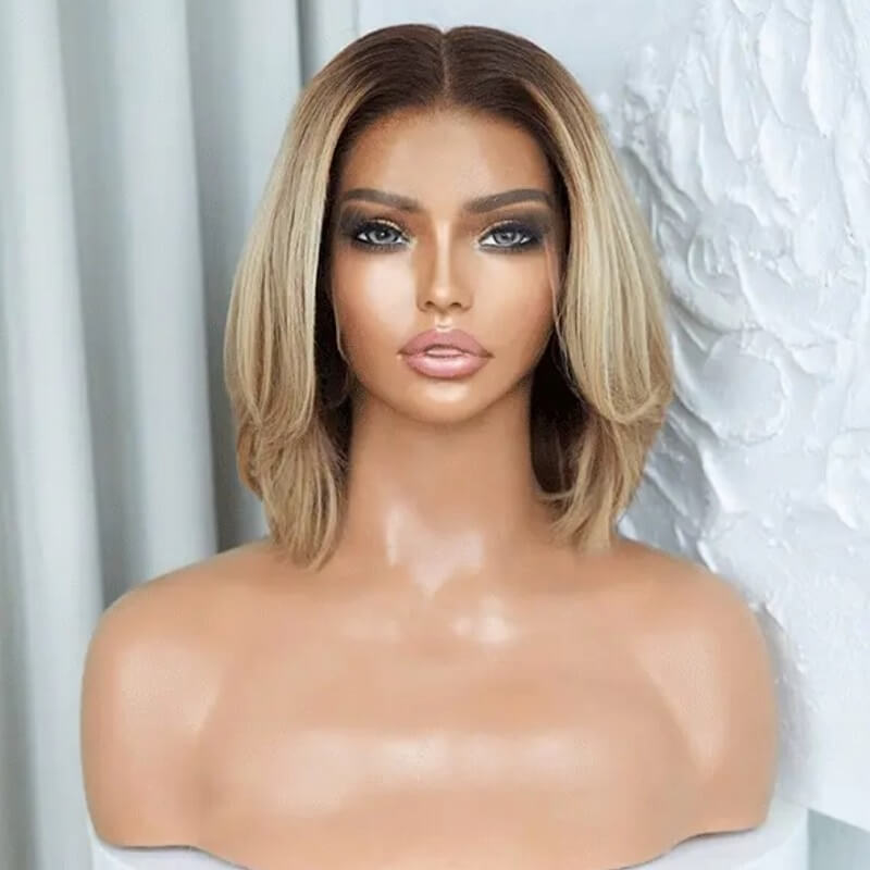 Luve Short Blonde Bob Wigs With Dark Roots 13X4 HD Lace Wigs 100% Human Hair