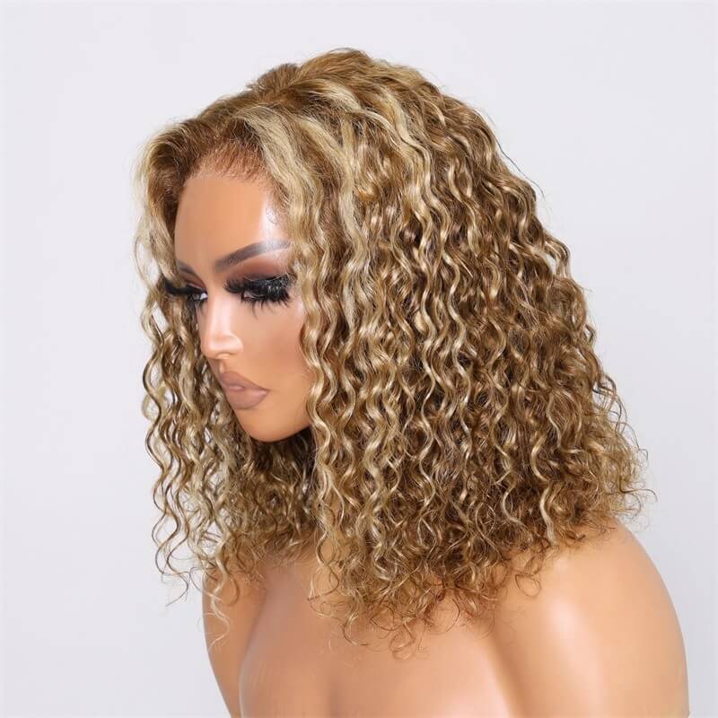 Luve Honey Blonde Highlights Short Curly Bob Wig 5X5 HD Lace Wig Water Wave  Human Hair Wigs