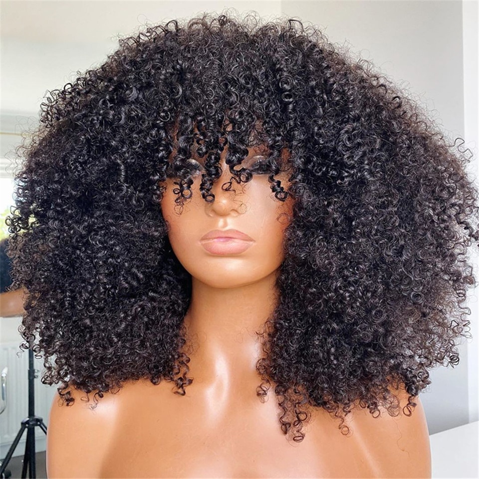 Afro Kinky Curly Human Hair Wigs with Bangs Short Wigs for Women Glueless