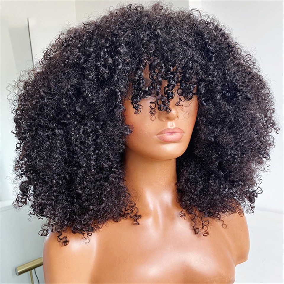 Afro Kinky Curly Human Hair Wigs with Bangs Short Wigs for Women Glueless