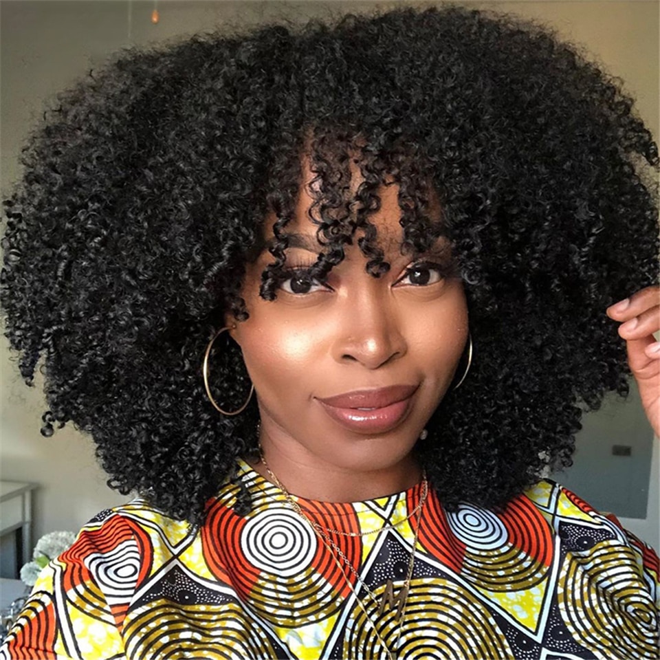Afro Kinky Curly Human Hair Wigs with Bangs Short Wigs for Women Glueless