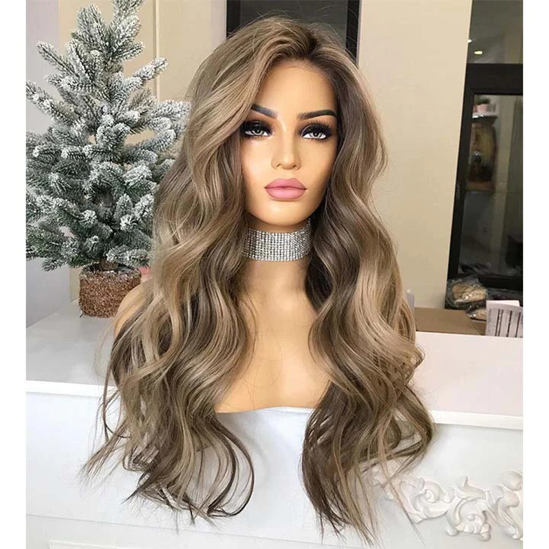 Ash Blonde Highlight Wavy 13x4 Lace Front Wig With Dark Roots Human Hair Wig