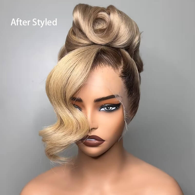 Ash Blonde Dark Roots Wave Wig Glueless 13X4 Lace Front Human Hair Wig 