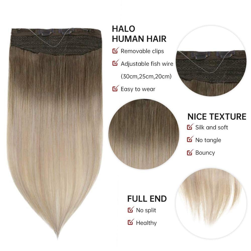 Balayage Halo Hair Extensions Human Hair Brown and Blonde #8/60/18