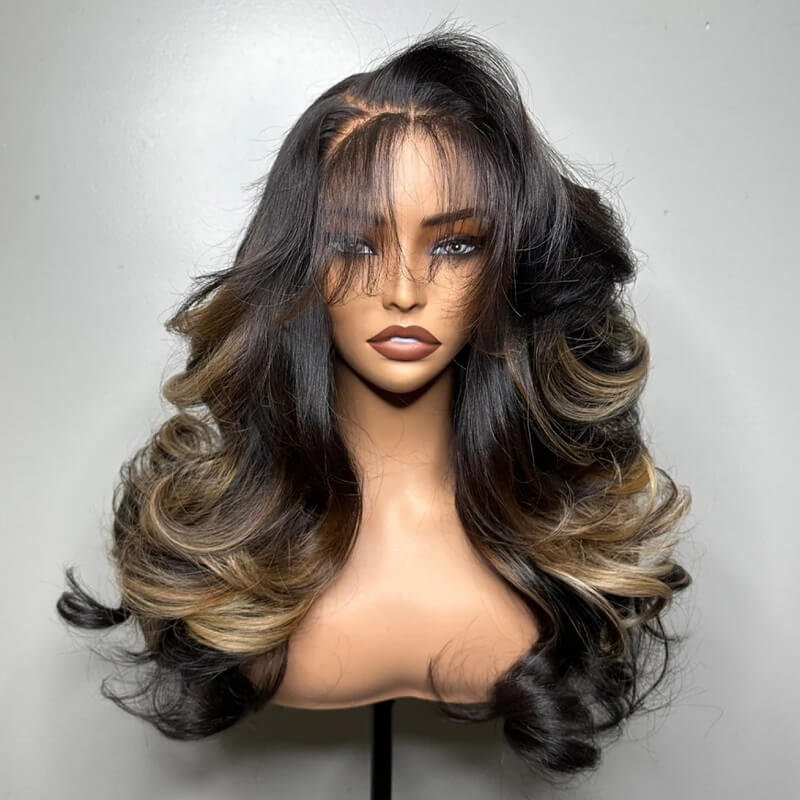 Black Mix Blonde Highlights Wave Wig Glueless 13x4 Parting Max Lace Wigs