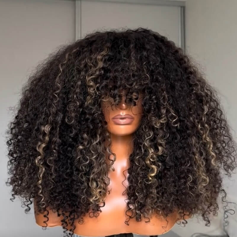 Black Mix Highlights Curly Glueless 5X5 Lace Closure Wig Human Hair Wigs