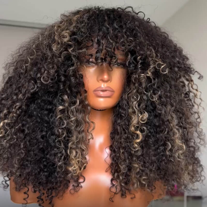 Black Mix Highlights Curly Glueless 5X5 Lace Closure Wig Human Hair Wigs