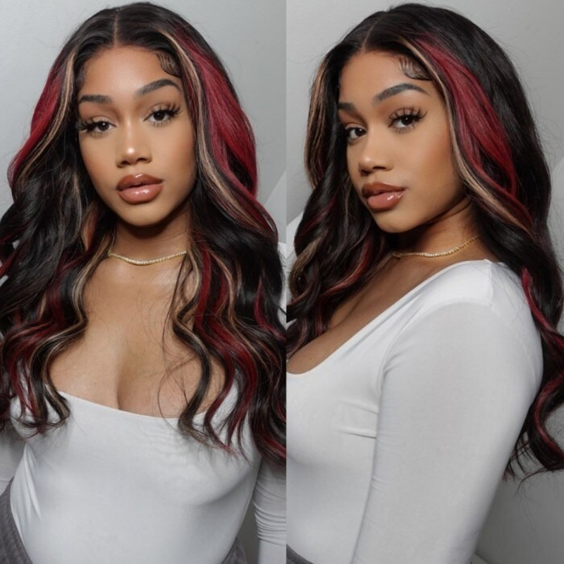 Blonde And Red Multi Color Highlights Loose Wave 13x4 Lace Front Wigs