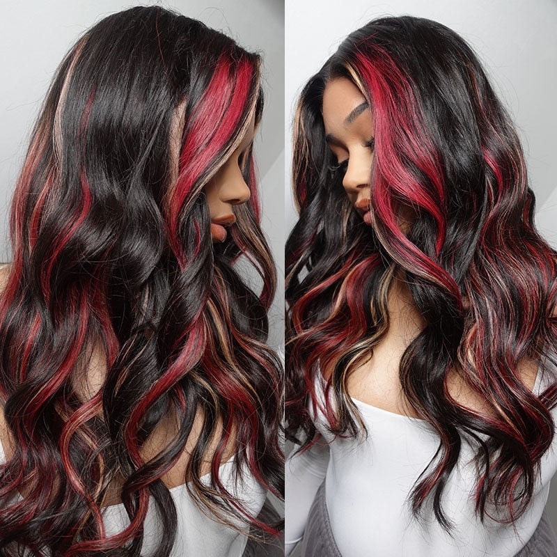 Blonde And Red Multi Color Highlights Loose Wave 13x4 Lace Front Wigs