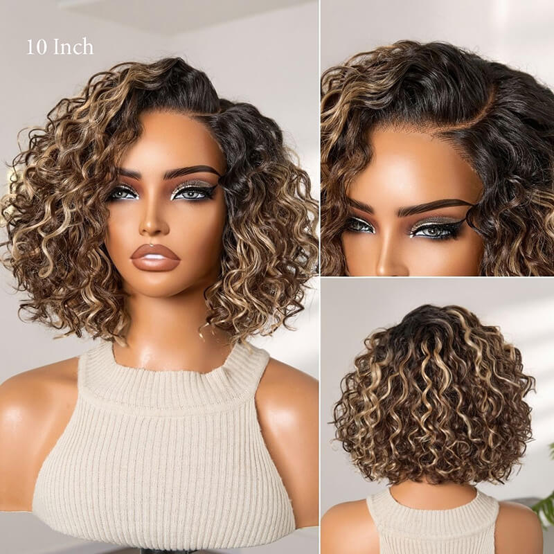 Blonde Highlight / Natural Black Curly Bob Wig Glueless 4X4 Lace Closure Wig