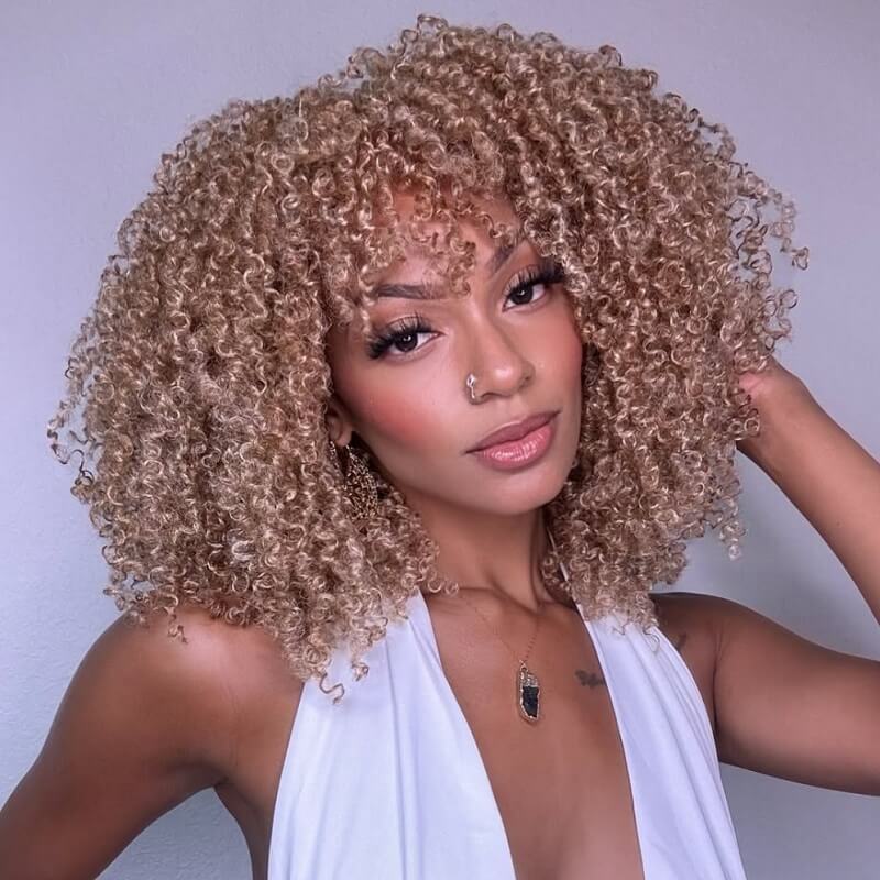 Blonde Highlights Afro Curl Glueless 5X5 Lace Closure Wig Human Hair Wigs