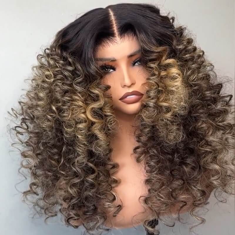 Blonde Highlights Barrel Curl Glueless 6X6 Lace Closure Wig Human Hair Wigs