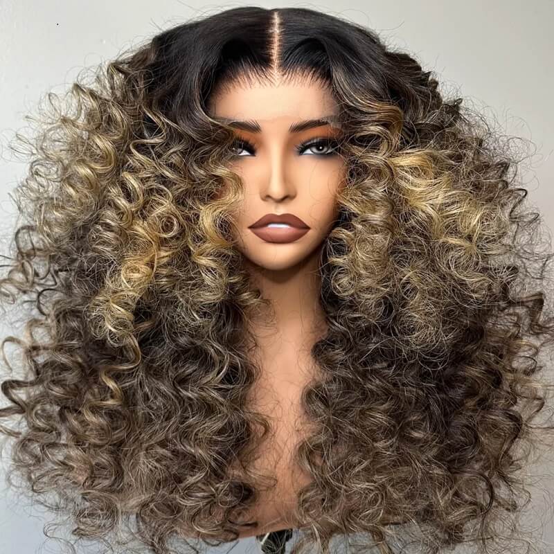 Blonde Highlights Barrel Curl Glueless 6X6 Lace Closure Wig Human Hair Wigs