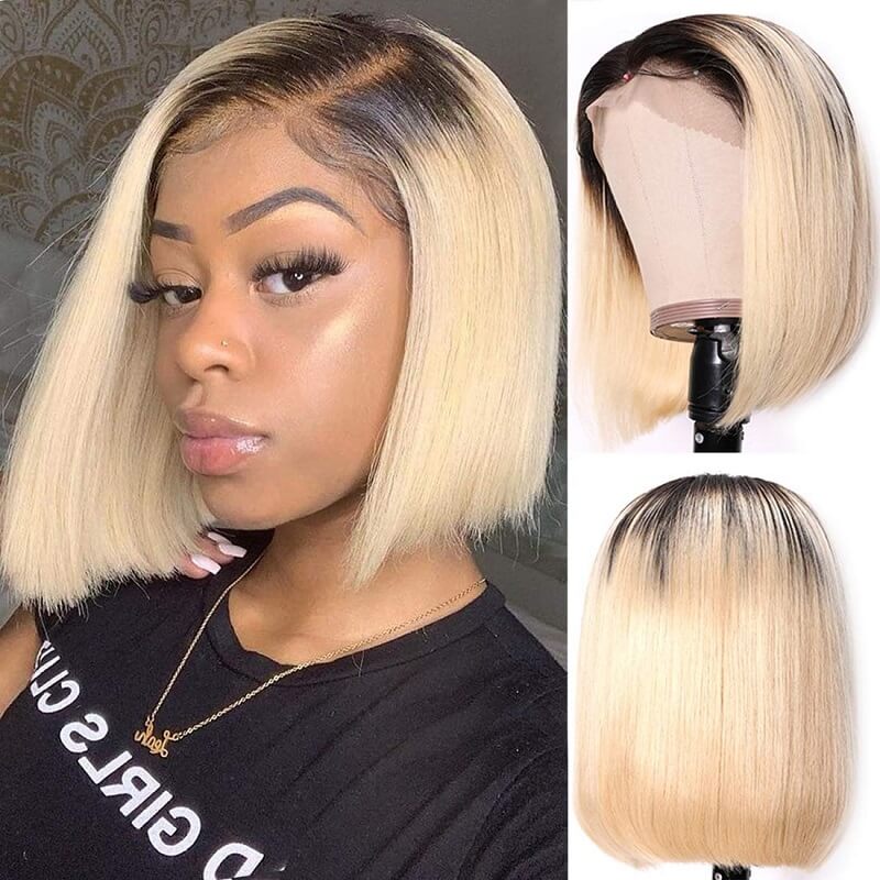 Ombre Blonde Bob Wig 1B/613 Straight Short Human Hair Wig 5x5 Lace Closure