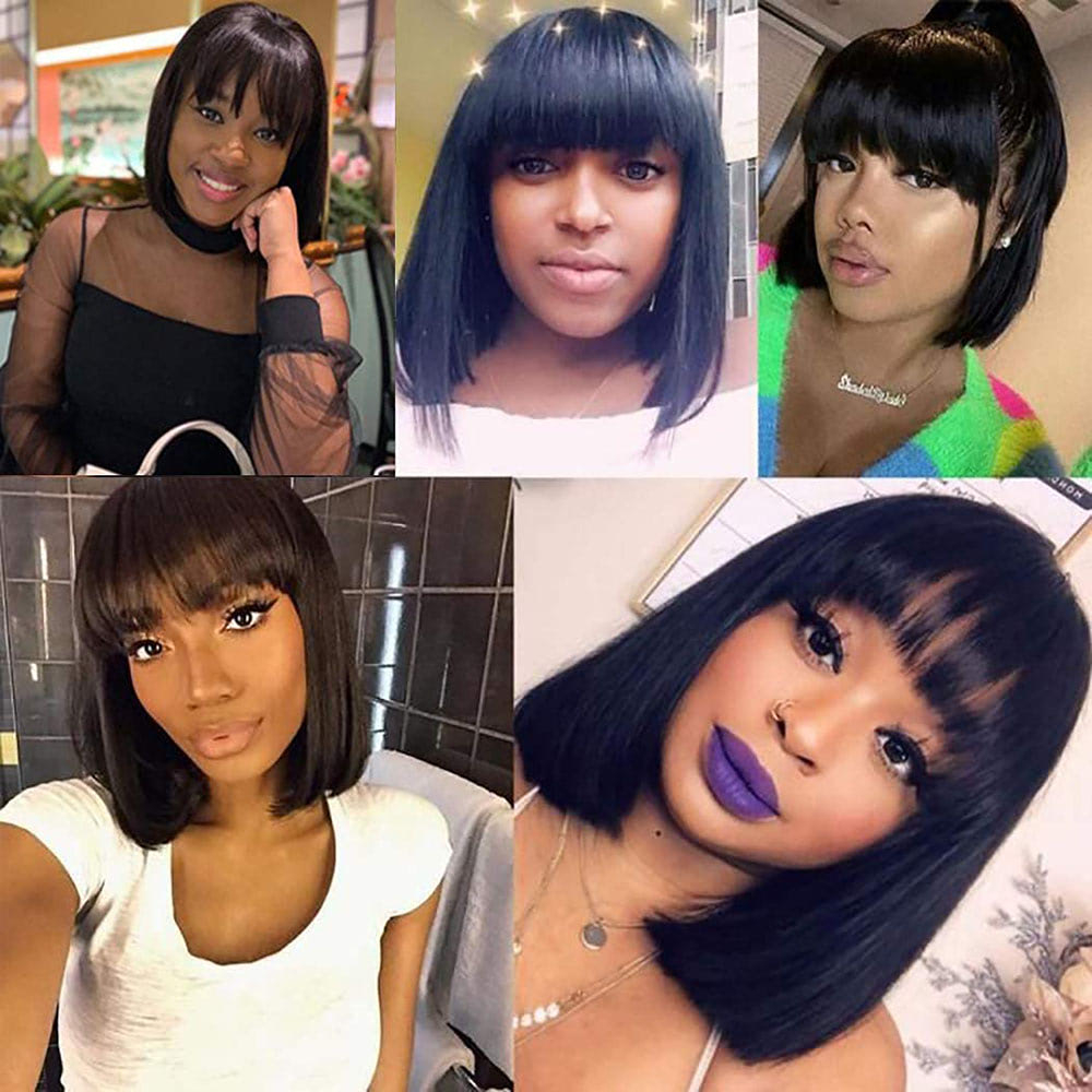 Luve Wear To Go Bob Wig Human Hair with Bangs Machine-Made Glueless None Lace Wigs