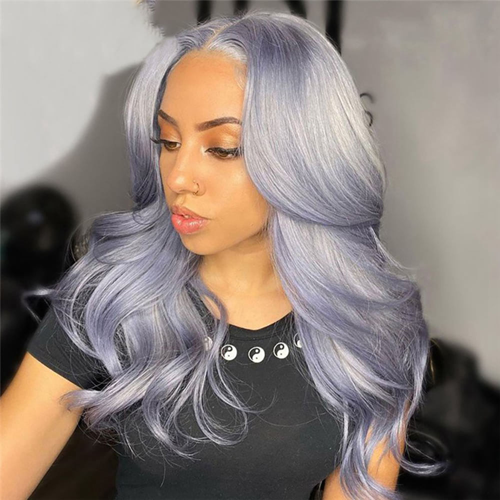 Body Wave Grey Blue Ombre Lace Front Wig Grey Colored Human Hair Wigs