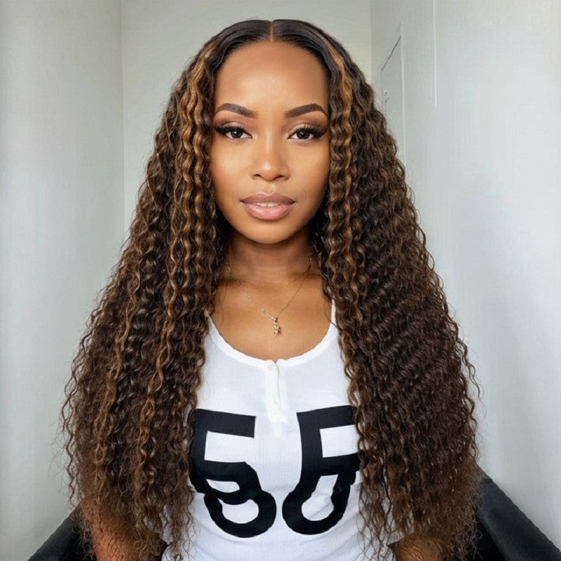 Luve Chestnut Brown Highlights 5×5 Closure HD Lace Glueless Long Curly Wig