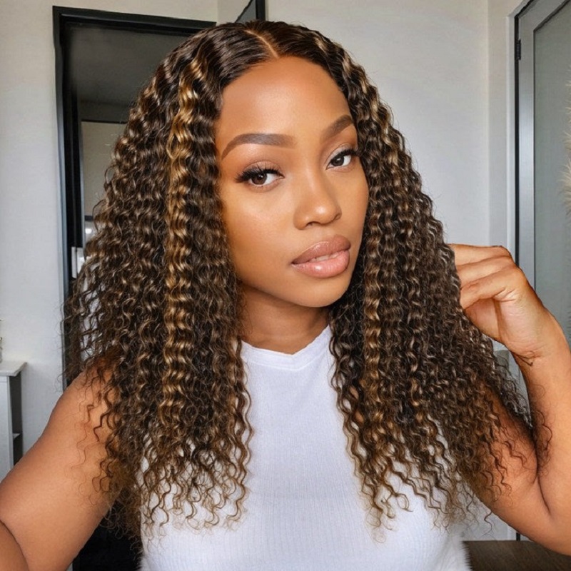 Luve Chestnut Brown Highlights 5×5 Closure HD Lace Glueless Long Curly Wig