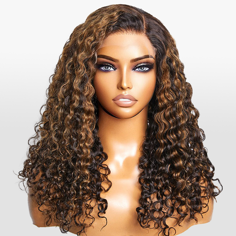 Brown Highlights Curly Glueless 13x4 HD Lace Full Front Wig Pre-bleached