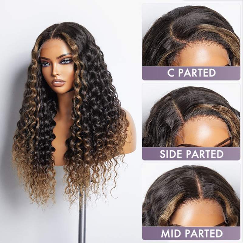 Brown Ombre Highlights Water Wave Glueless 5x5 Closure HD Lace Wig