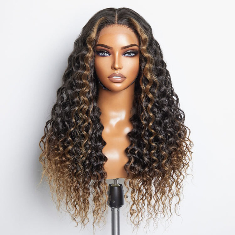 Brown Ombre Highlights Water Wave Glueless 5x5 Closure HD Lace Wig