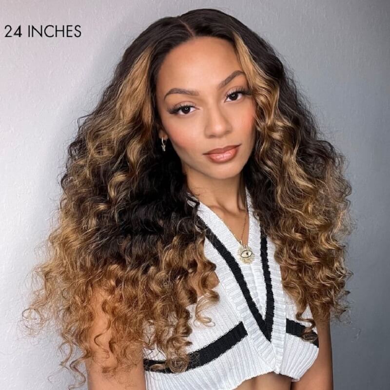 Brown Ombre Highlights Water Wave Glueless 5x5 Closure HD Lace Wig