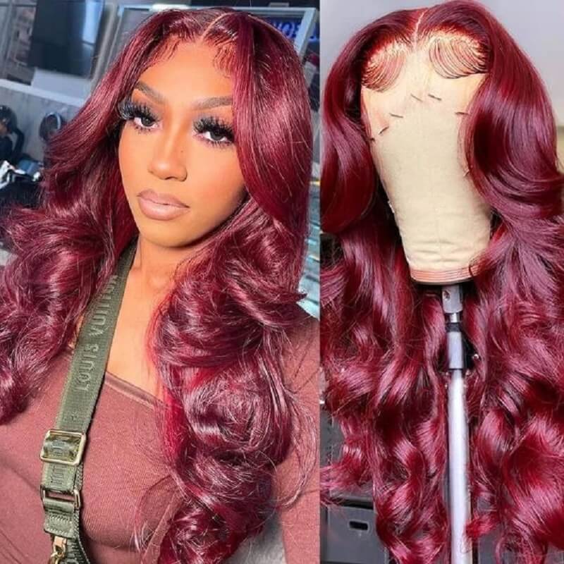 Burgundy 99J Wine Red Colored Body Wave Lace Front Human Hair Wigs 