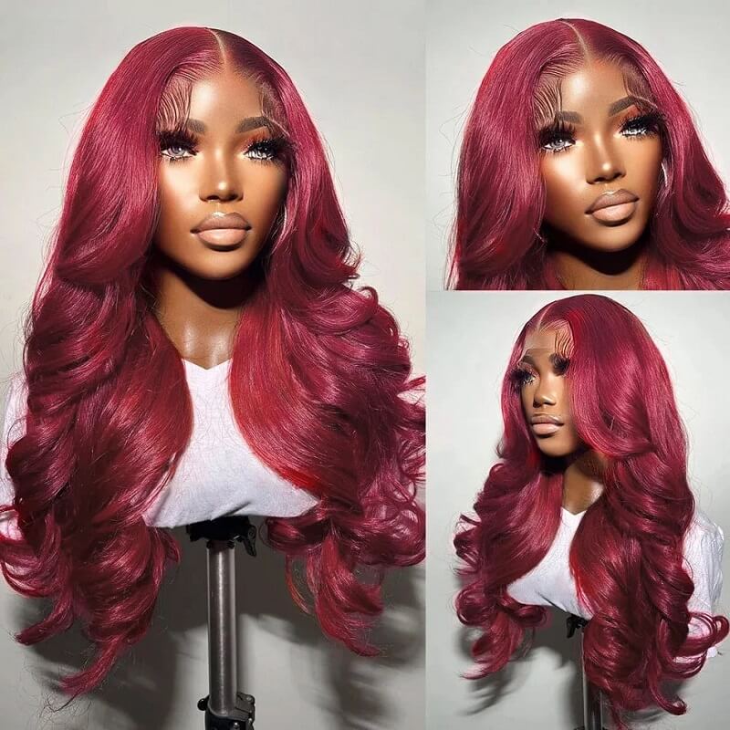 Burgundy 99J Wine Red Colored Body Wave Lace Front Human Hair Wigs 