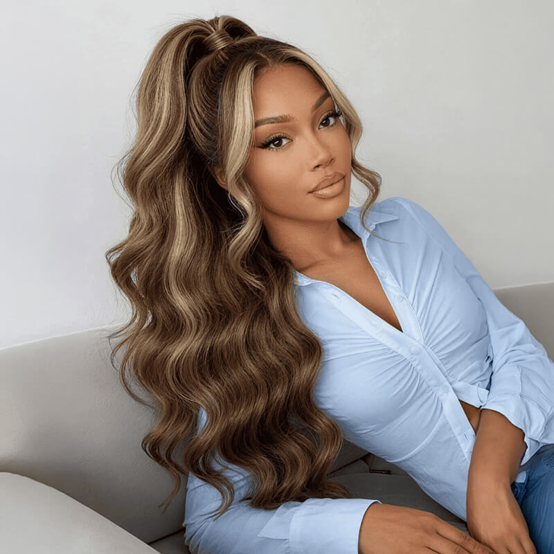 Chestnut Brown Honey Blonde Highlight 13x4 Lace Front Wave Wig Pre-Everything Human Hair