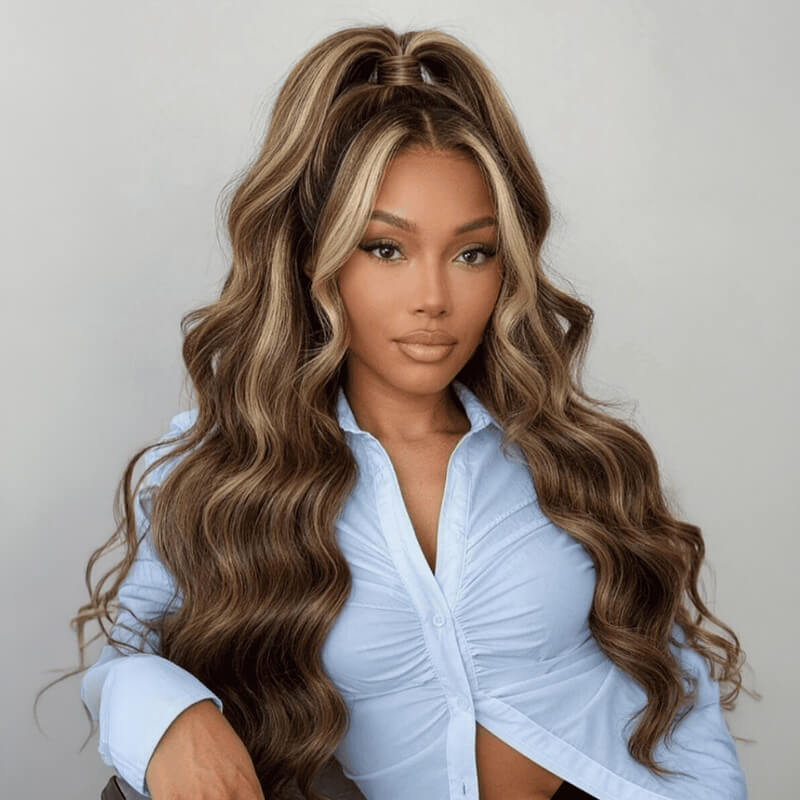 Chestnut Brown Honey Blonde Highlight 13x4 Lace Front Wave Wig Pre-Everything Human Hair