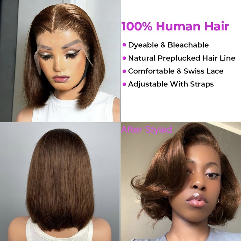 Chestnut Brown Straight Bob Wig 13X4 Full Lace Front Human Hair Wig