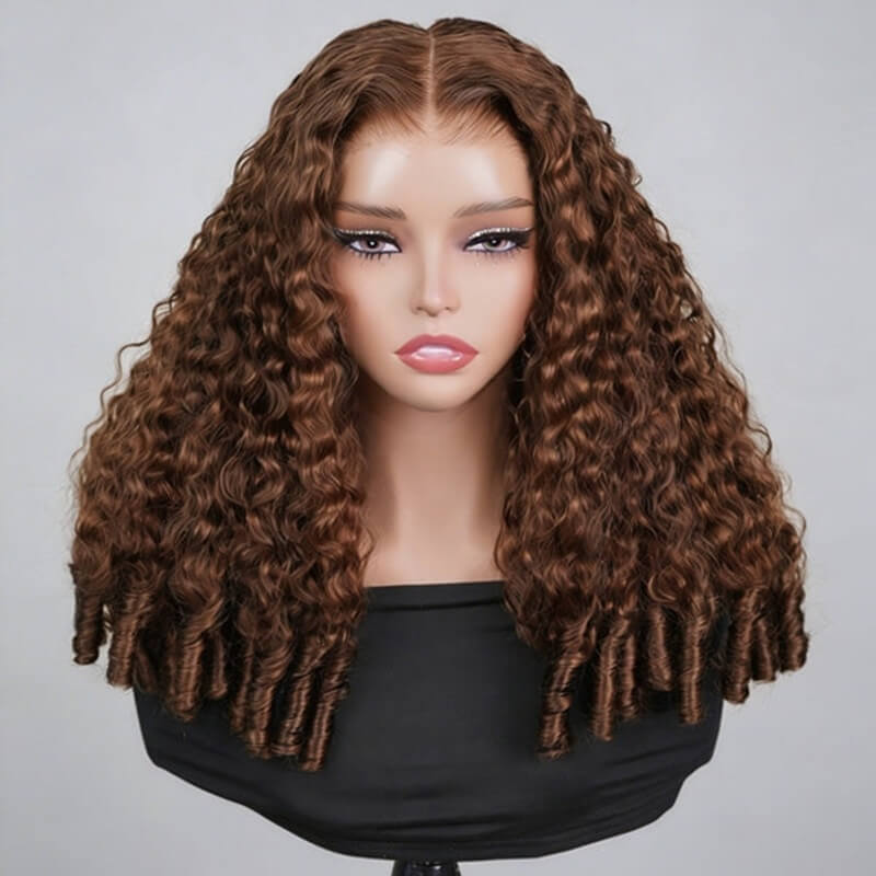 Chocolate Brown Burmese Curly Glueless Wig 6X6 Lace Closure Human Hair Wig