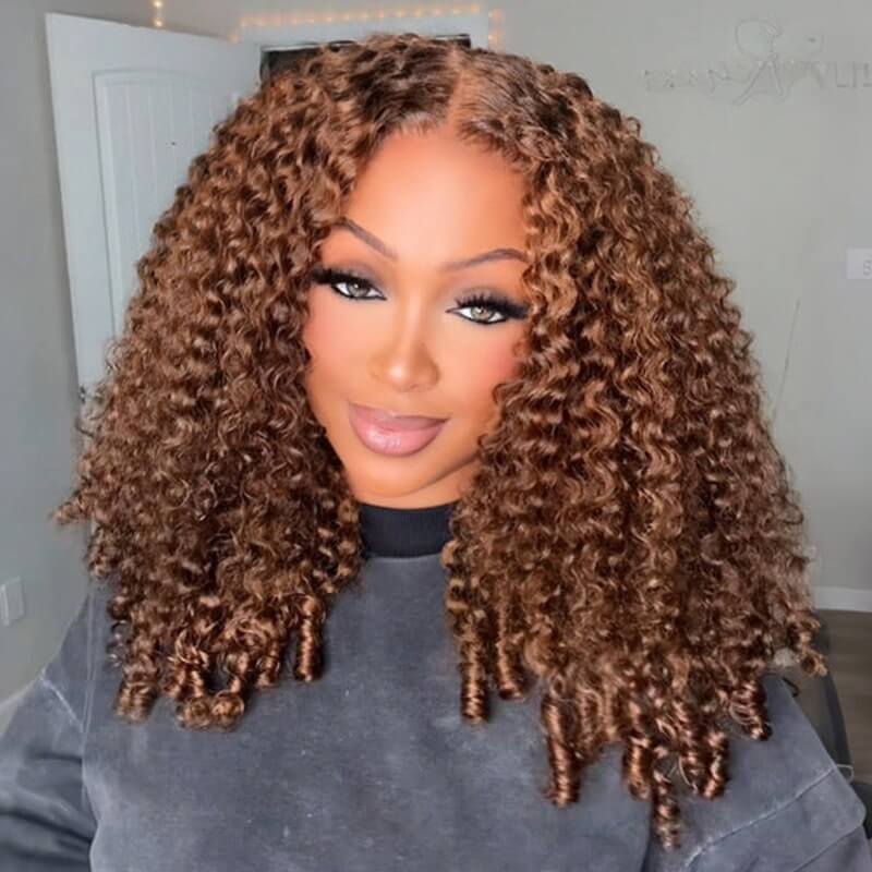 Chocolate Brown Burmese Curly Glueless Wig 6X6 Lace Closure Human Hair Wig